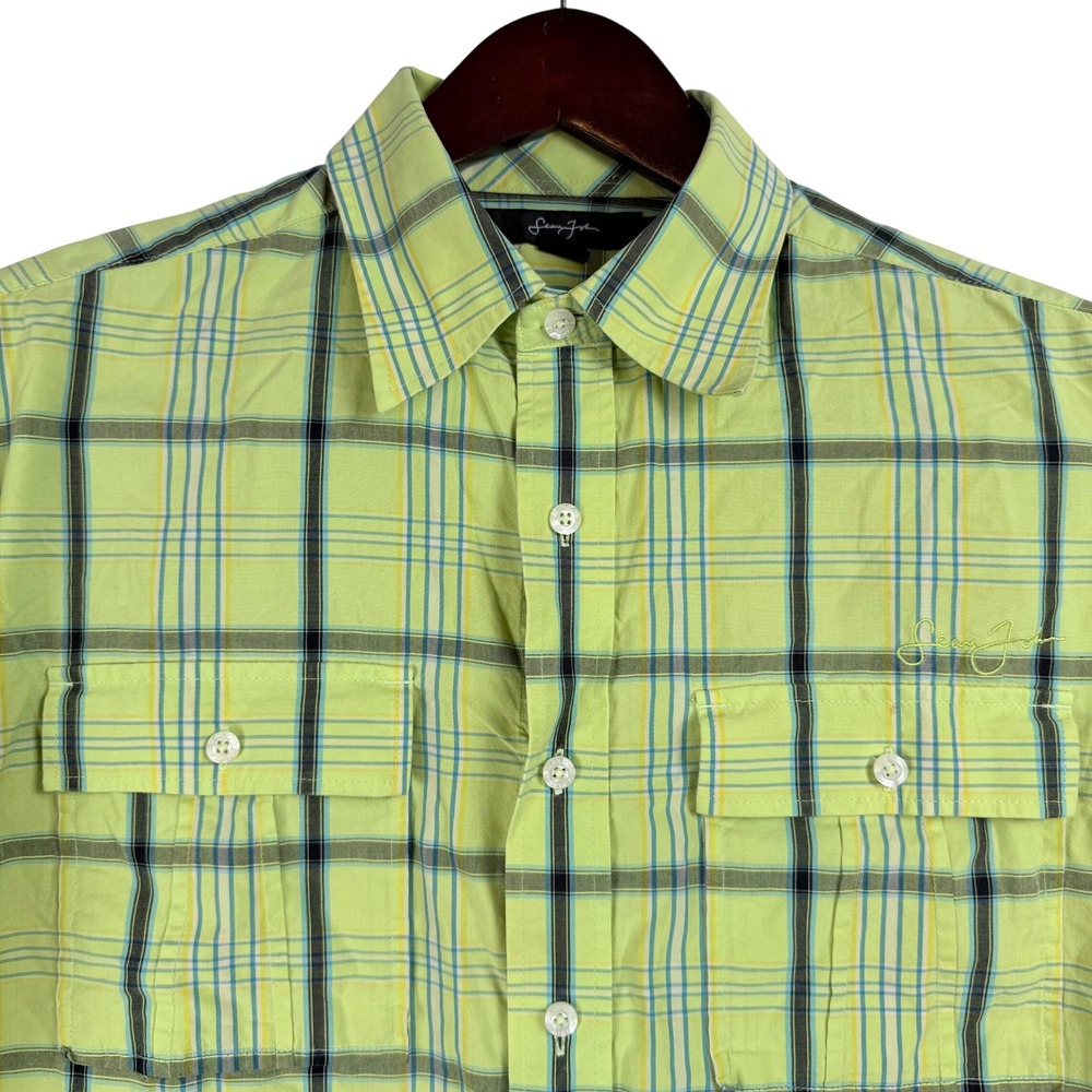 Sean John Shirt Mens Large Green Plaid Short Sleeve Button Down Y2K Streetwear